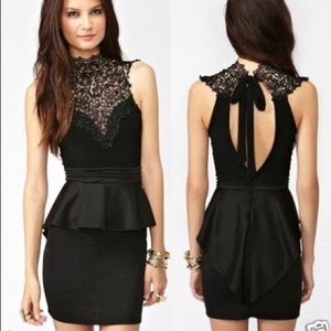 Lace Tie-Up Peplum Dress (Large - Black)